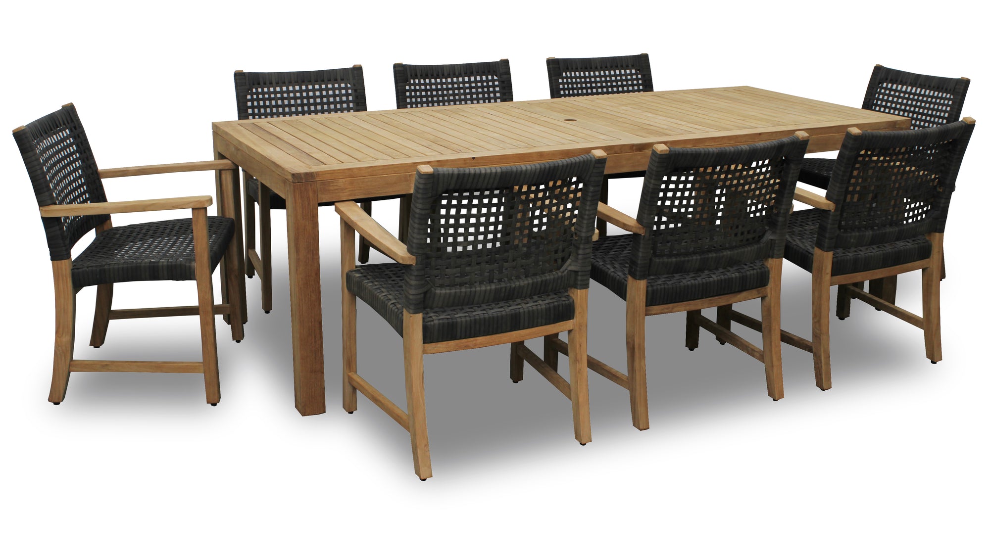 Katana Teak 7pc Outdoor Dining Set (Teak 86&quot; Rectangular Table with 6 Teak &amp; Woven Sanur Armchairs)