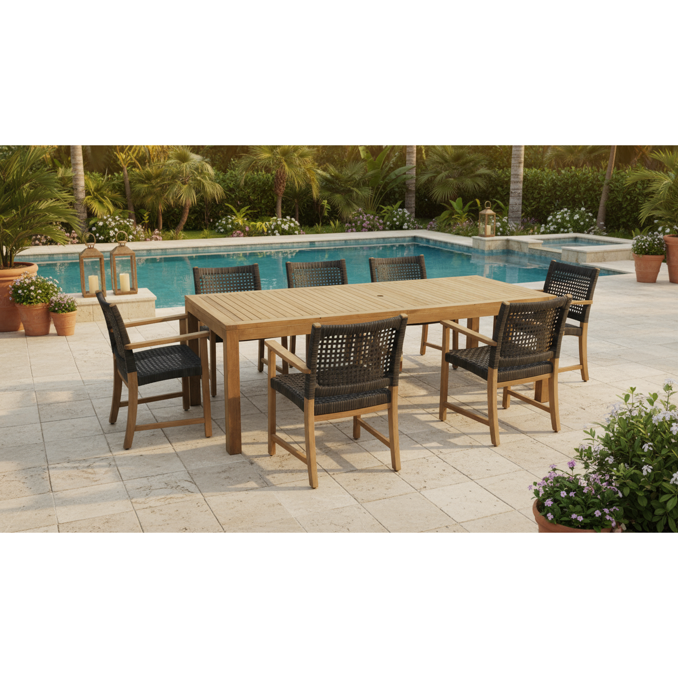 Katana Teak 7pc Outdoor Dining Set (Teak 86" Rectangular Table with 6 Teak & Woven Sanur Armchairs)
