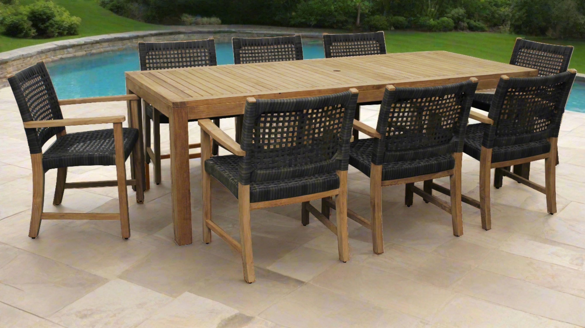 Rinjani Teak 9pc Outdoor Dining Set (Teak 94" Rectangular Table with 8 Sanur Teak Armchairs +FREE Umbrella +FREE Cover)