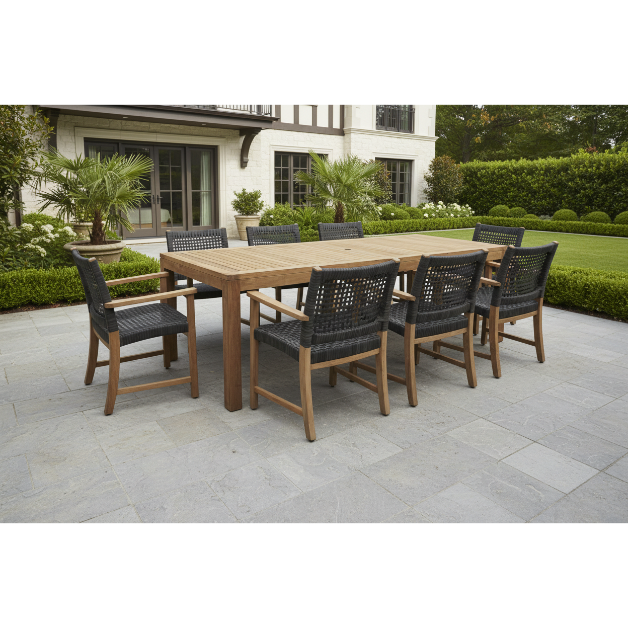 Rinjani Teak 9pc Outdoor Dining Set (Teak 94" Rectangular Table with 8 Sanur Teak Armchairs +FREE Umbrella +FREE Cover)
