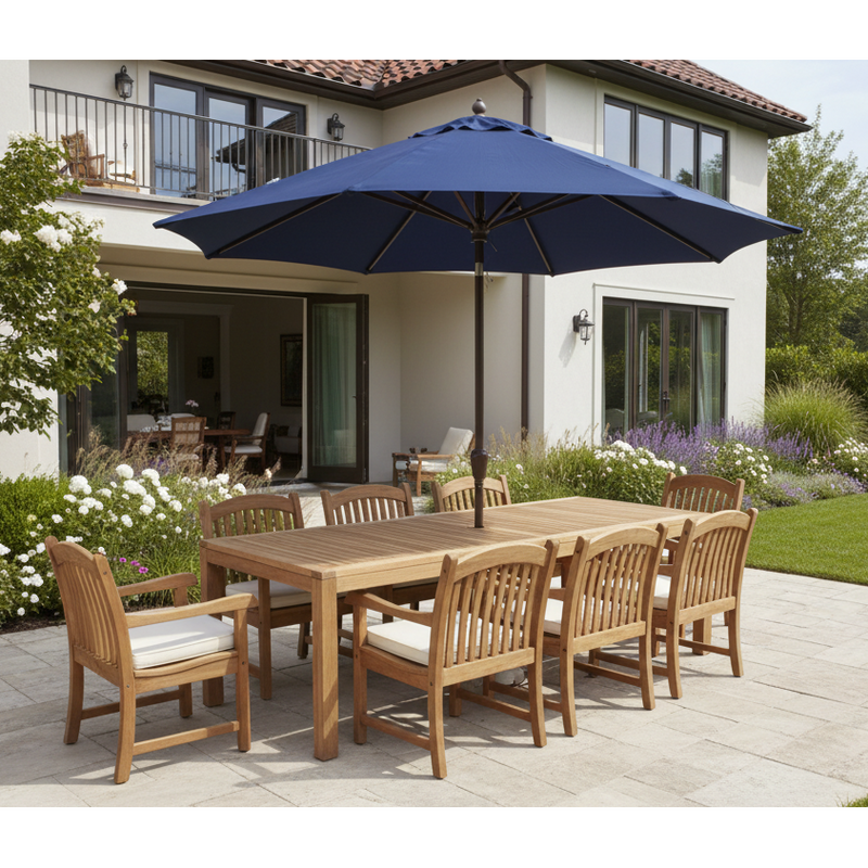 Rinjani Teak 9pc Outdoor Dining Set (Teak 94" Rectangular Table with 8 Tista Teak Armchairs +FREE Cushions +FREE Umbrella +FREE Cover)