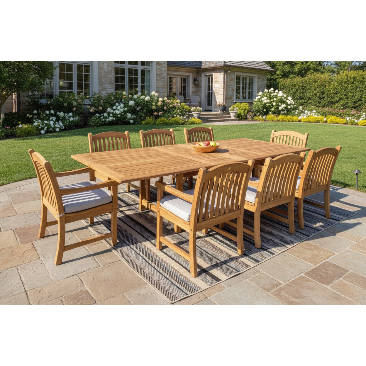 Teak Banquet 9pc Outdoor Dining Set (Teak Extendable Table 88-118" with 8 Teak Tista Armchairs +FREE Cushions +FREE Umbrella +FREE Cover)