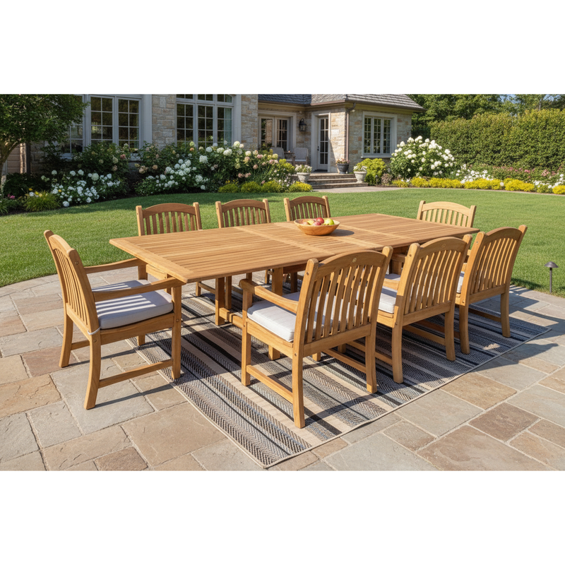 Teak Banquet 9pc Outdoor Dining Set (Teak Extendable Table 88-118" with 8 Teak Tista Armchairs +FREE Cushions +FREE Umbrella +FREE Cover)