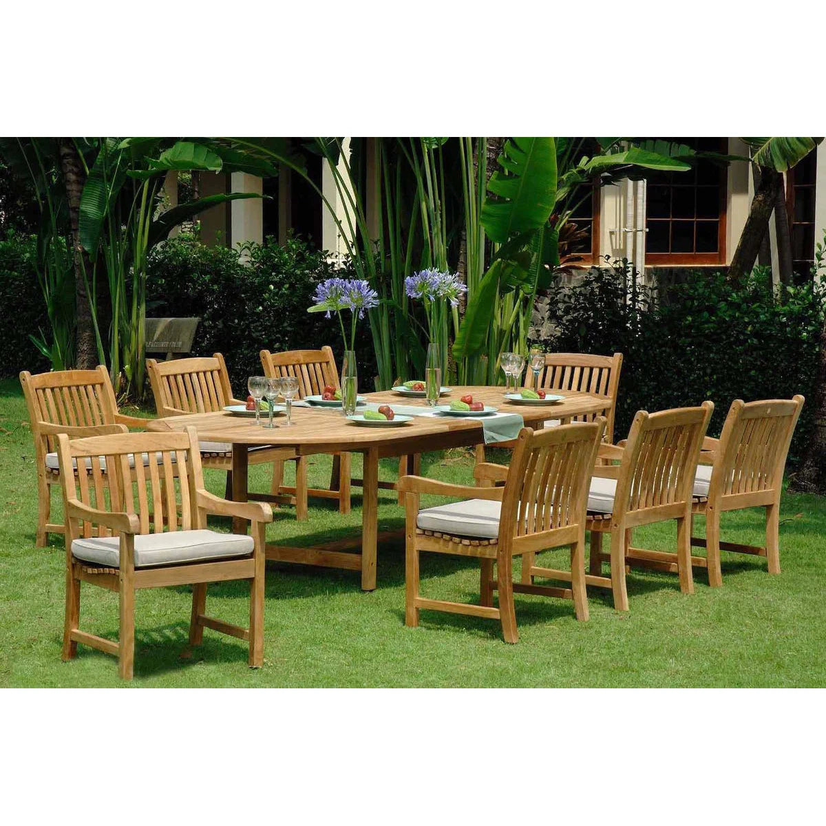 Harbour Teak 71-95" Oval Extendable 7-Piece Outdoor Dining Set (with 6 Tista Teak Armchairs)