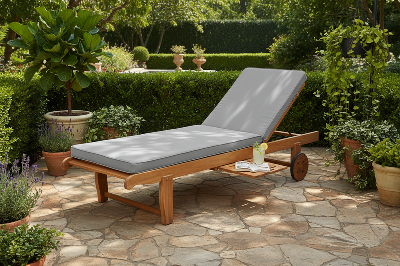 Windu Solid Teak Outdoor Wheeled Chaise Lounger with Tray + Free Light Grey Cushion