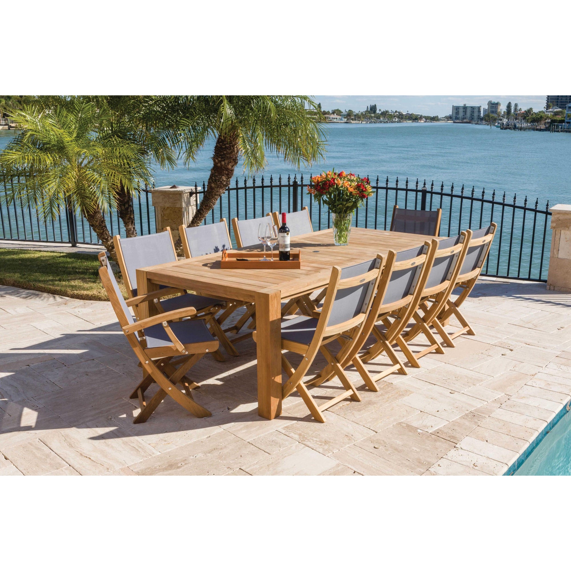 Katana Teak 7pc Outdoor Dining Set (Teak 86&quot; Rectangular Table with 6 Teak Folding Yacht Armchairs)