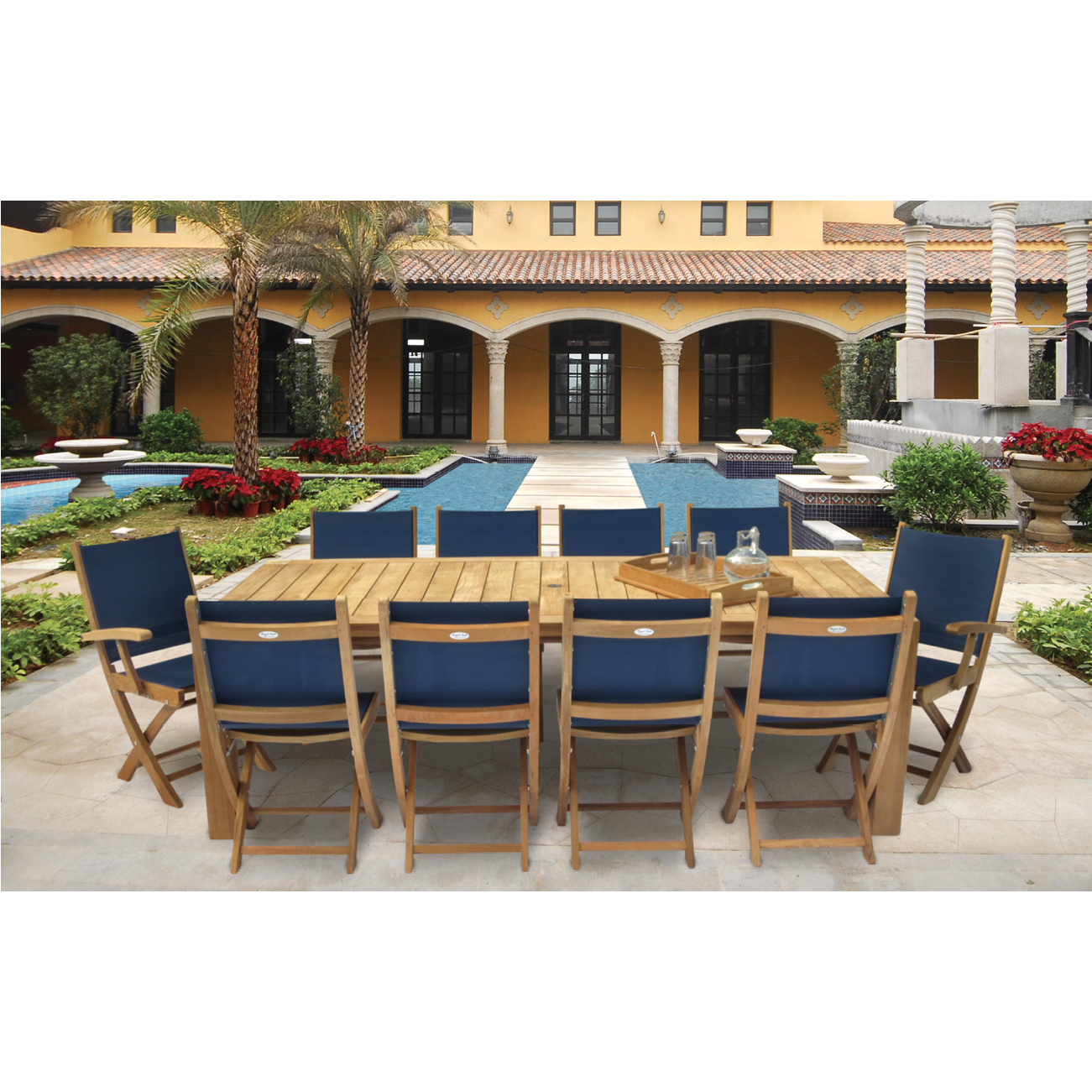 Katana Teak 7pc Outdoor Dining Set (Teak 86&quot; Rectangular Table with 6 Teak Folding Yacht Armchairs)