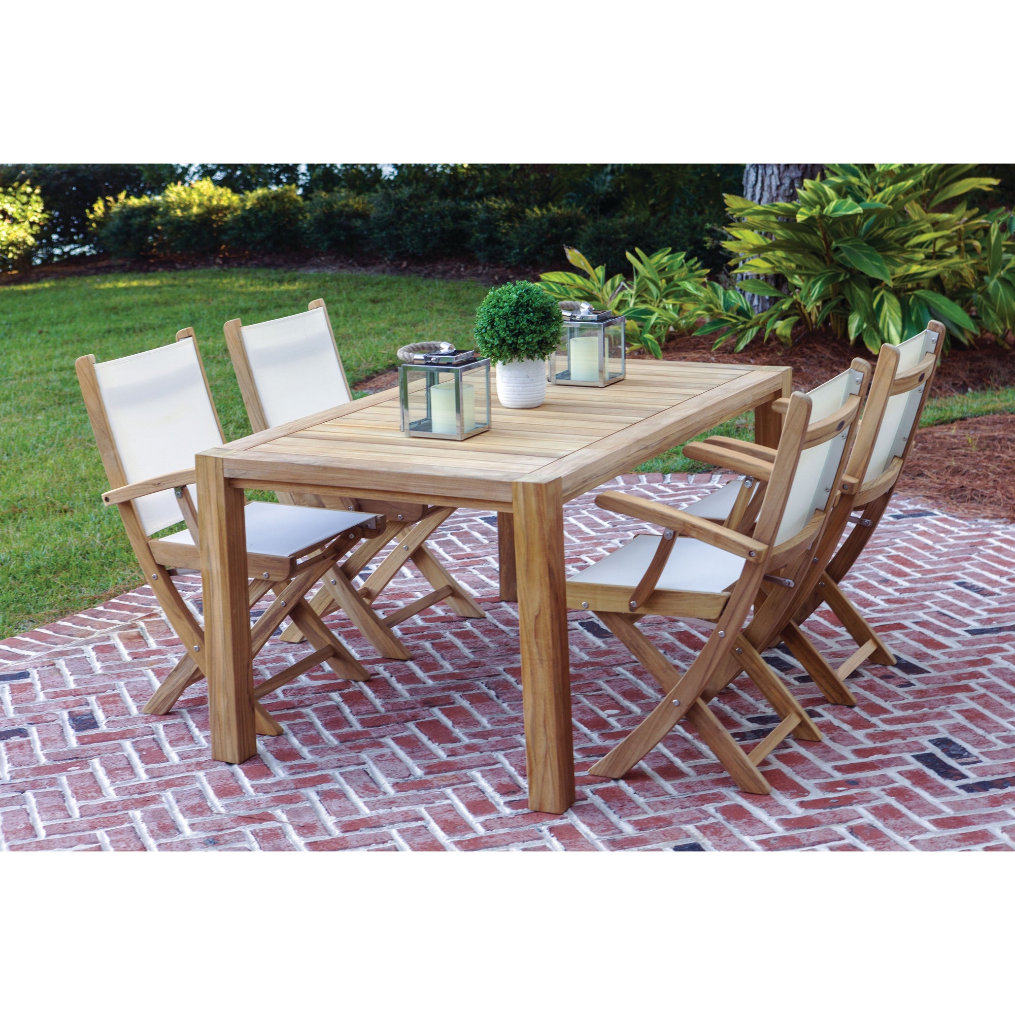 Katana Teak 7pc Outdoor Dining Set (Teak 86&quot; Rectangular Table with 6 Teak Folding Yacht Armchairs)