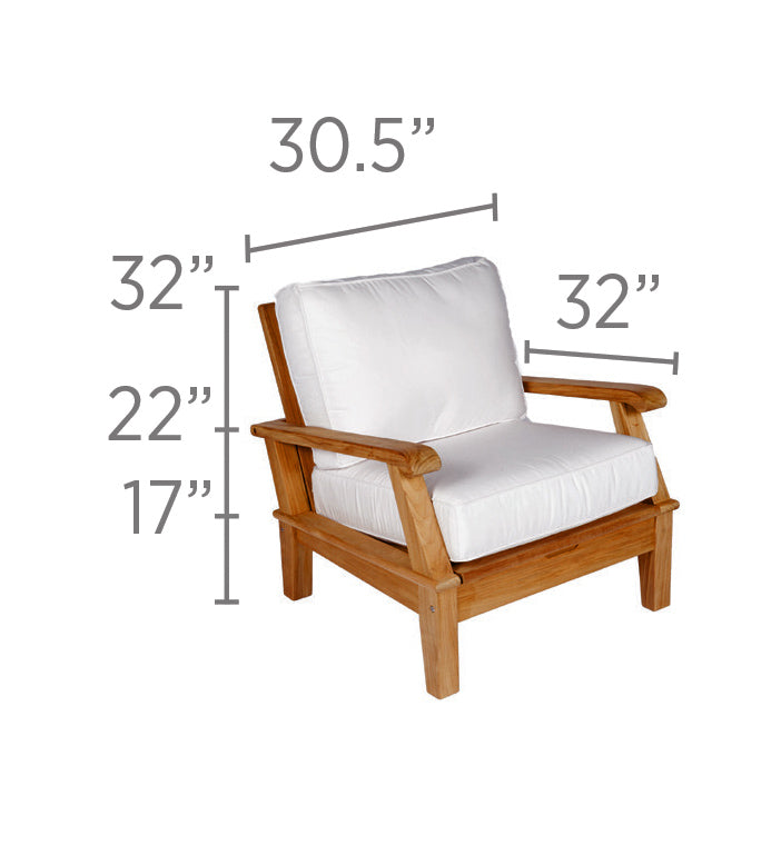 Biscayne Teak Outdoor Club Chair - 3 Position Reclining  with Sunbrella High-Performance Cushions