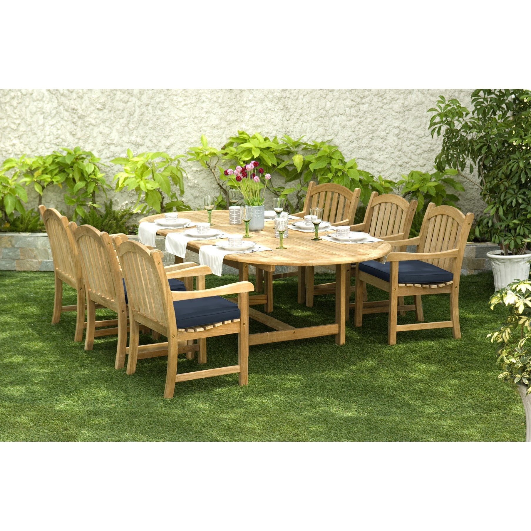 Harbour Teak Outdoor Dining Set (Teak Extendable Oval Table 71-95&quot; with 6 Teak Tista Armchairs +FREE Cushions +FREE Cover +FREE Umbrella)