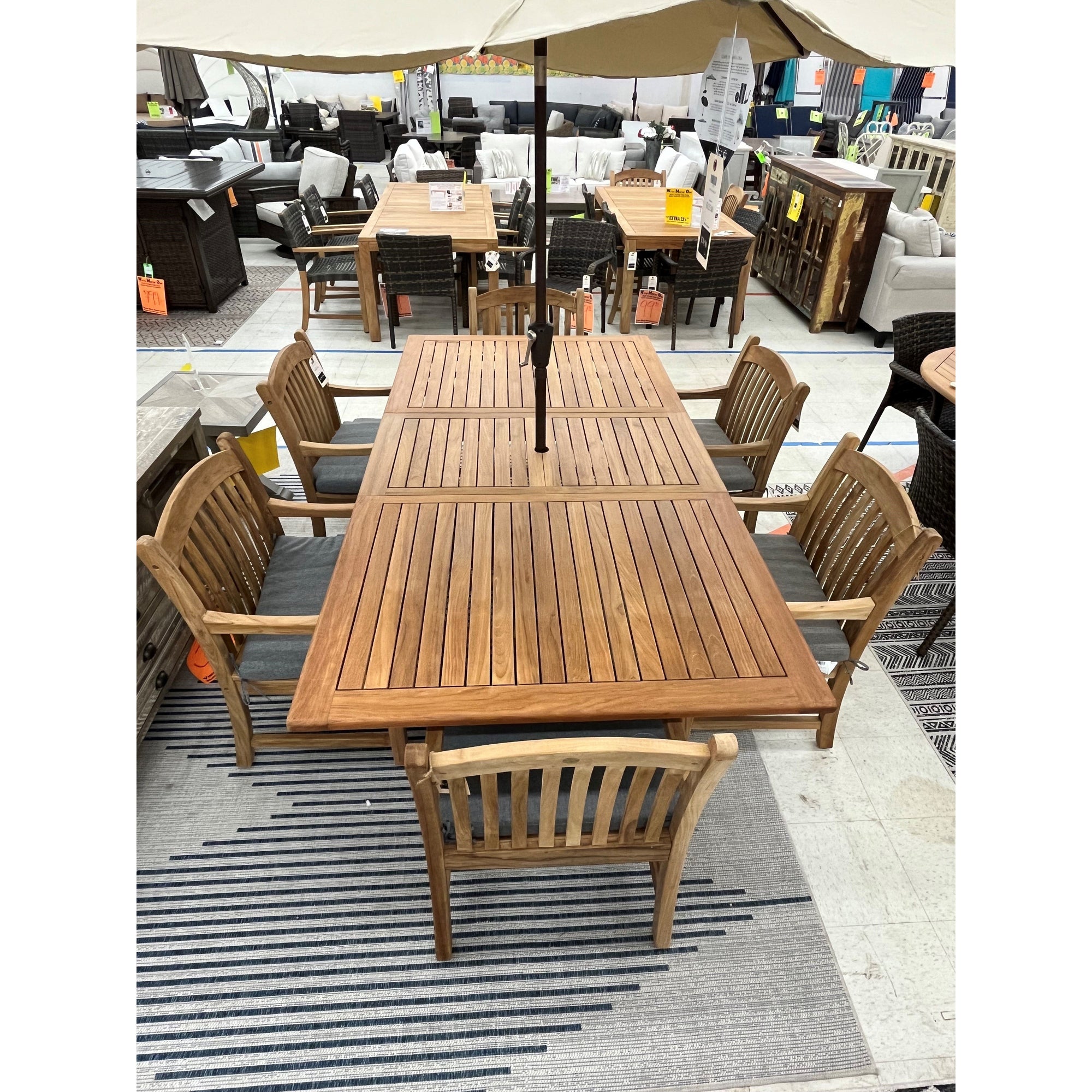 Bali Teak 7pc Outdoor Dining Set (Teak Rectangular Extendable Table 70-94&quot; with 6 Woven Sanur Armchairs)