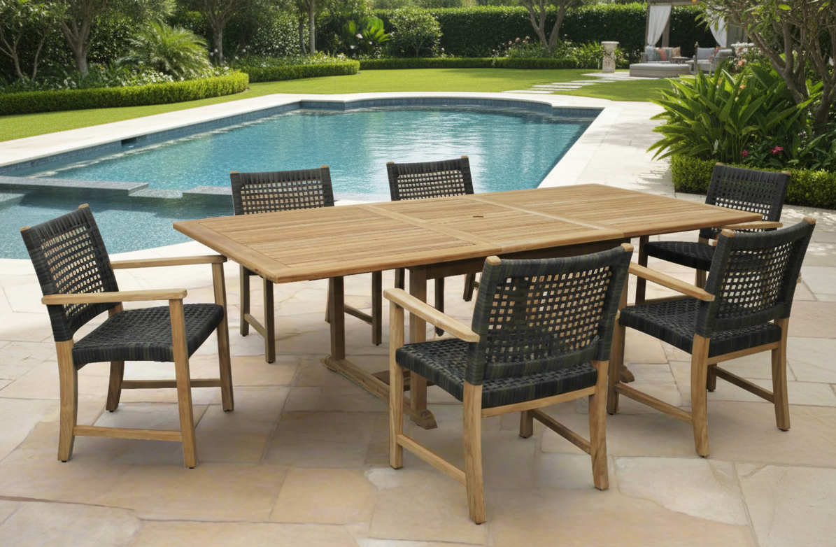 Bali Teak 7pc Outdoor Dining Set (Teak Rectangular Extendable Table 70-94" with 6 Teak Sanur Armchairs)