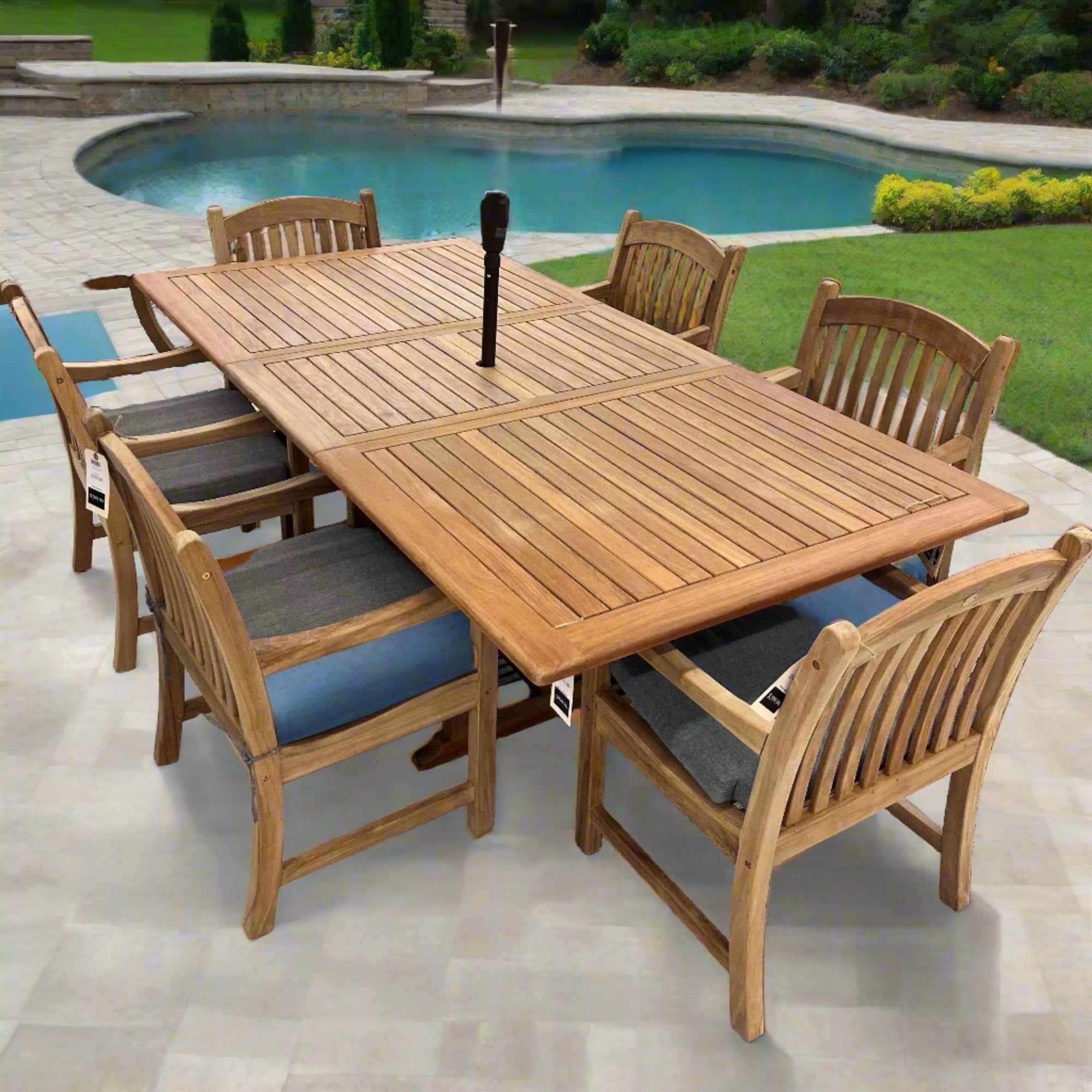 Bali Teak 7pc Outdoor Dining Set (Teak Rectangular Extendable Table 70-94&quot; with 6 Teak Folding Yacht Amrchairs)