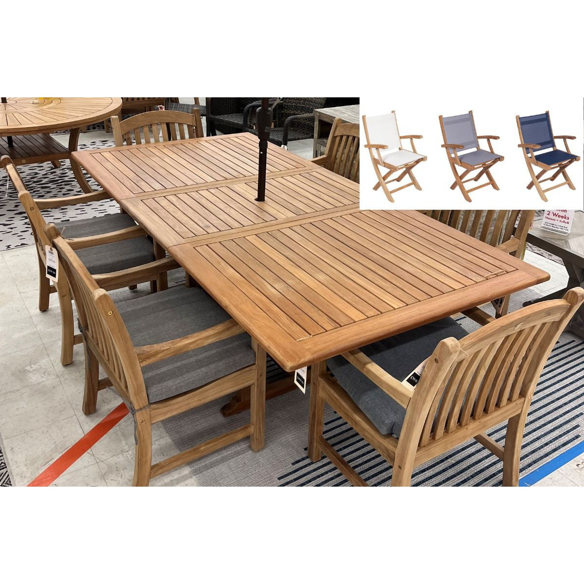 Bali Teak 7pc Outdoor Dining Set (Teak Rectangular Extendable Table 70-94&quot; with 6 Teak Folding Yacht Amrchairs)