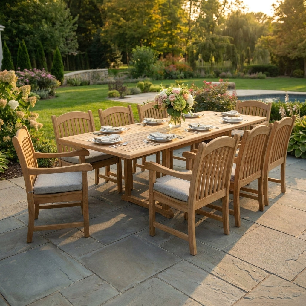 Teak Banquet 9pc Outdoor Dining Set (Teak Extendable Table 88-118