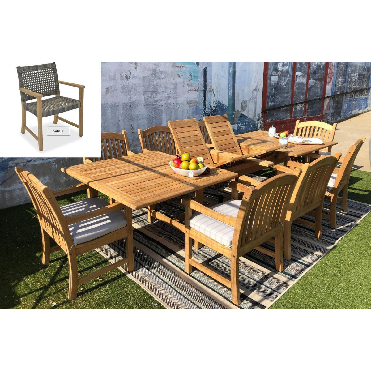 Teak Banquet 9pc Outdoor Dining Set (Teak Extendable Table 88-118&quot; with 8 Woven Sanur Armchairs)