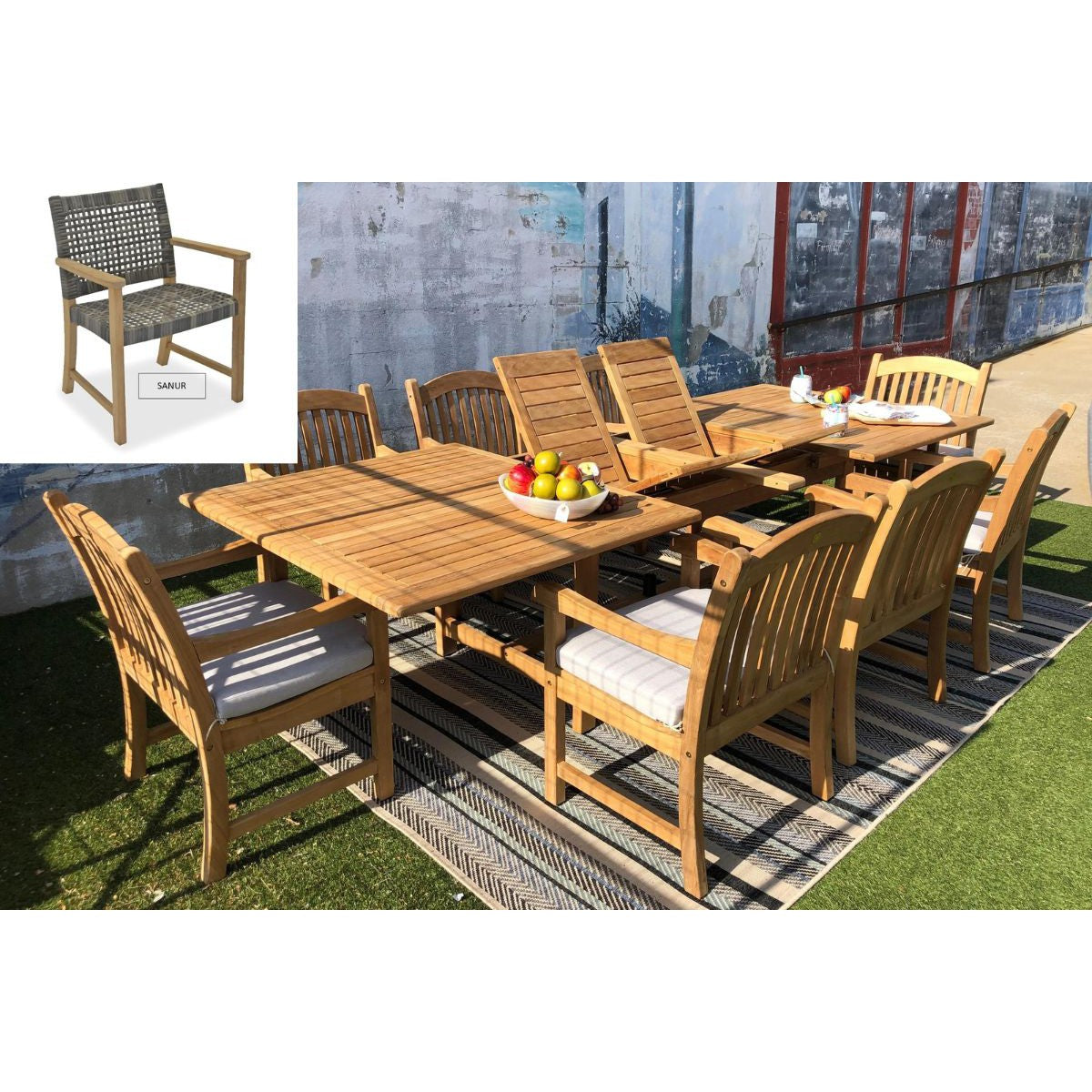 Teak Banquet 88-118" Extendable 9-Piece Outdoor Dining Set With SANUR Woven Chairs