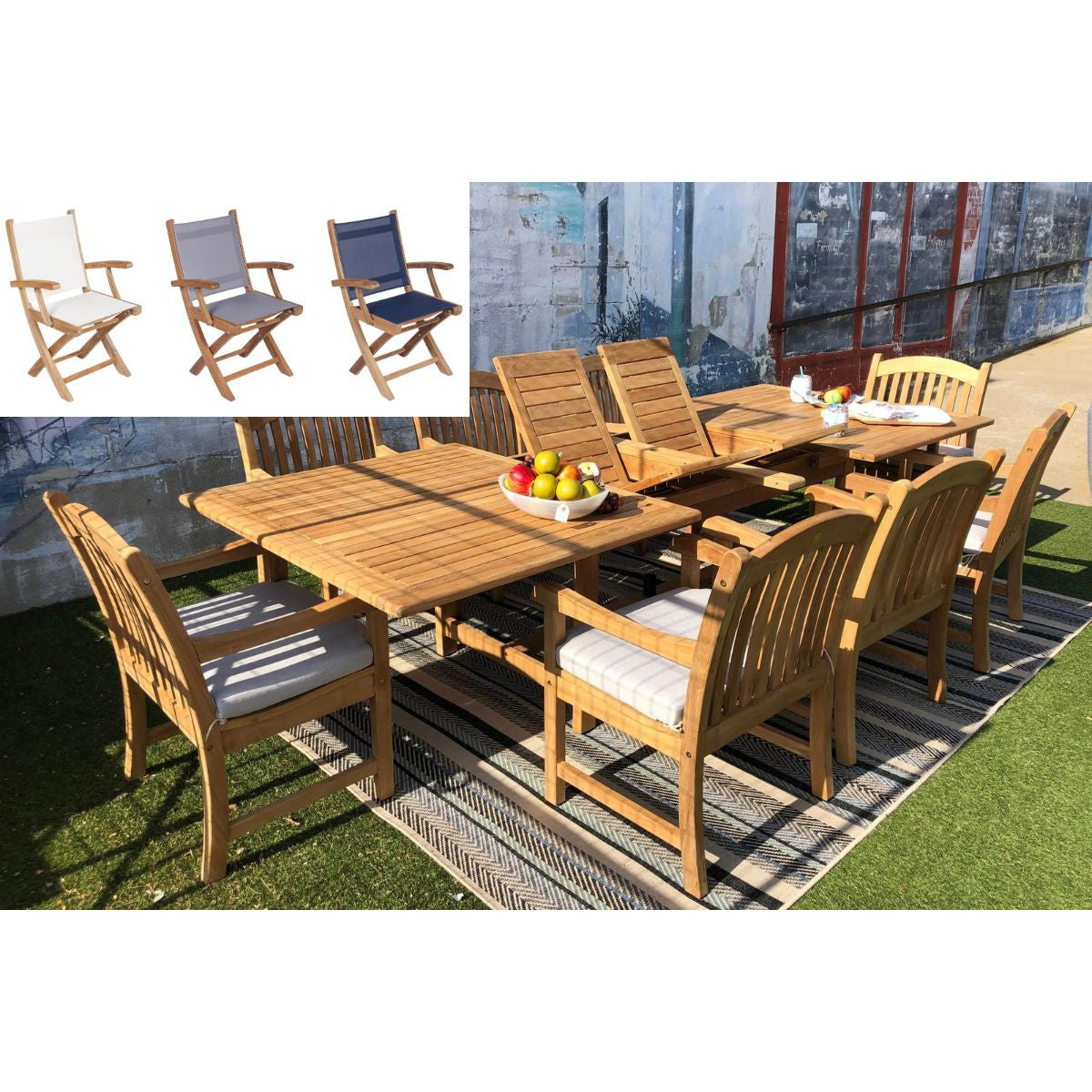 Teak Banquet 9pc Outdoor Dining Set (Teak Extendable Table 88-118" with 8 Teak Yacht Folding Yacht Armchairs)