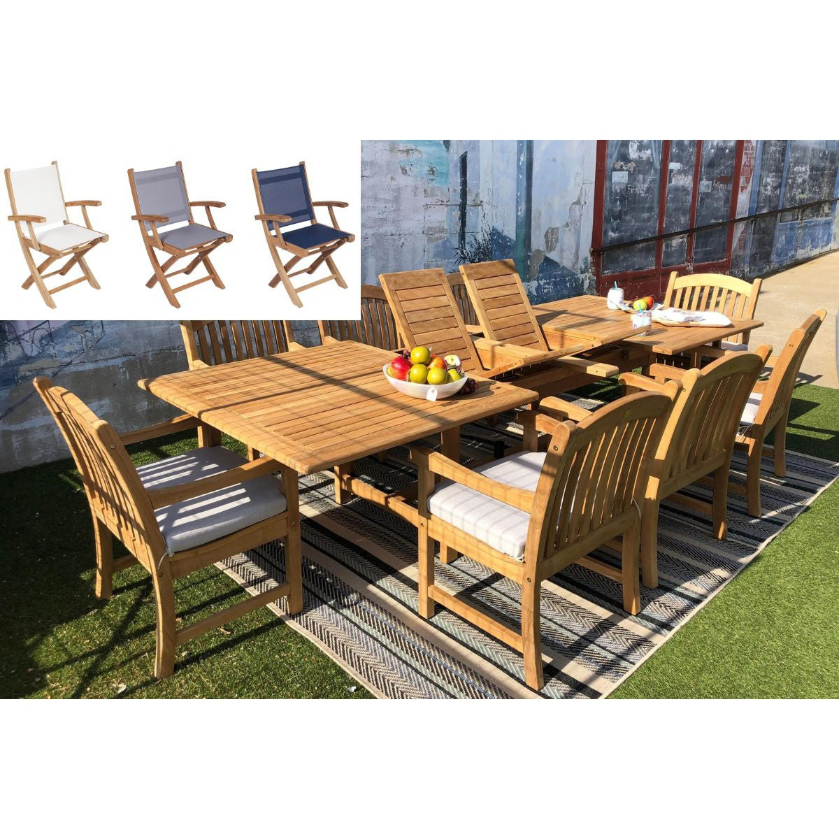 Teak Banquet 88-118" Extendable 9-Piece Outdoor Dining Set With Yacht Arm Chairs
