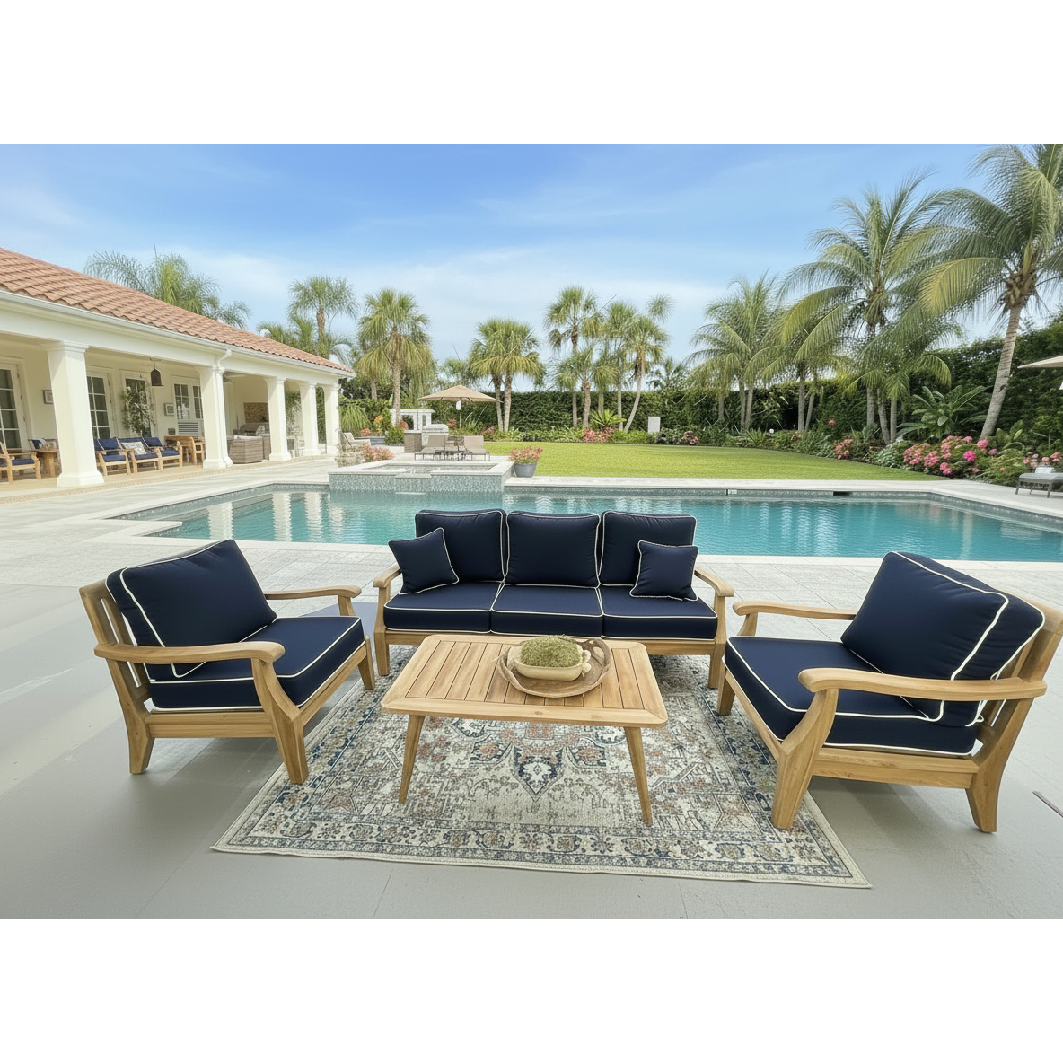 Bermuda Teak 3pc Outdoor Seating Set (Sofa +2 Club Chairs) with Navy Sunbrella High Performance Cushions