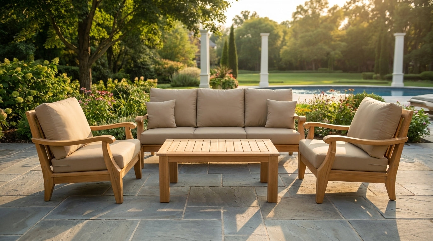 Bermuda teak deep-seating set in a sunlit garden