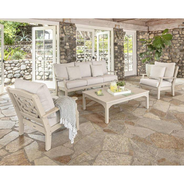Polywood Chinoiserie  Outdoor 4pc Deep Seating Set with Sofa in Sand & Dune cushions