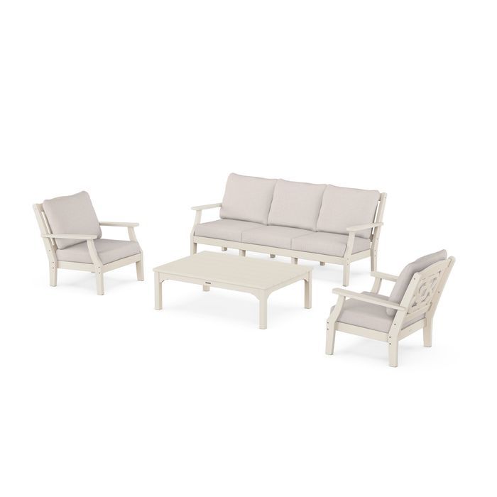 Polywood Chinoiserie Outdoor 4pc Seating Set with Sofa in Sand &amp; Dune Cushions