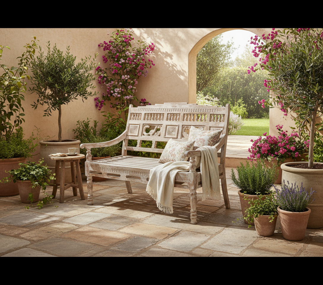 Wooden bench with intricate carvings on a white background