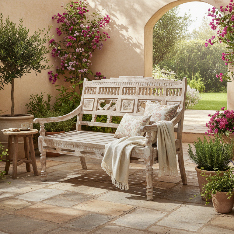 Hand Carved Wood Bench 47"