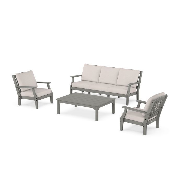 Polywood Chinoiserie Outdoor 4pc Seating Set with Sofa in Sand &amp; Dune Cushions