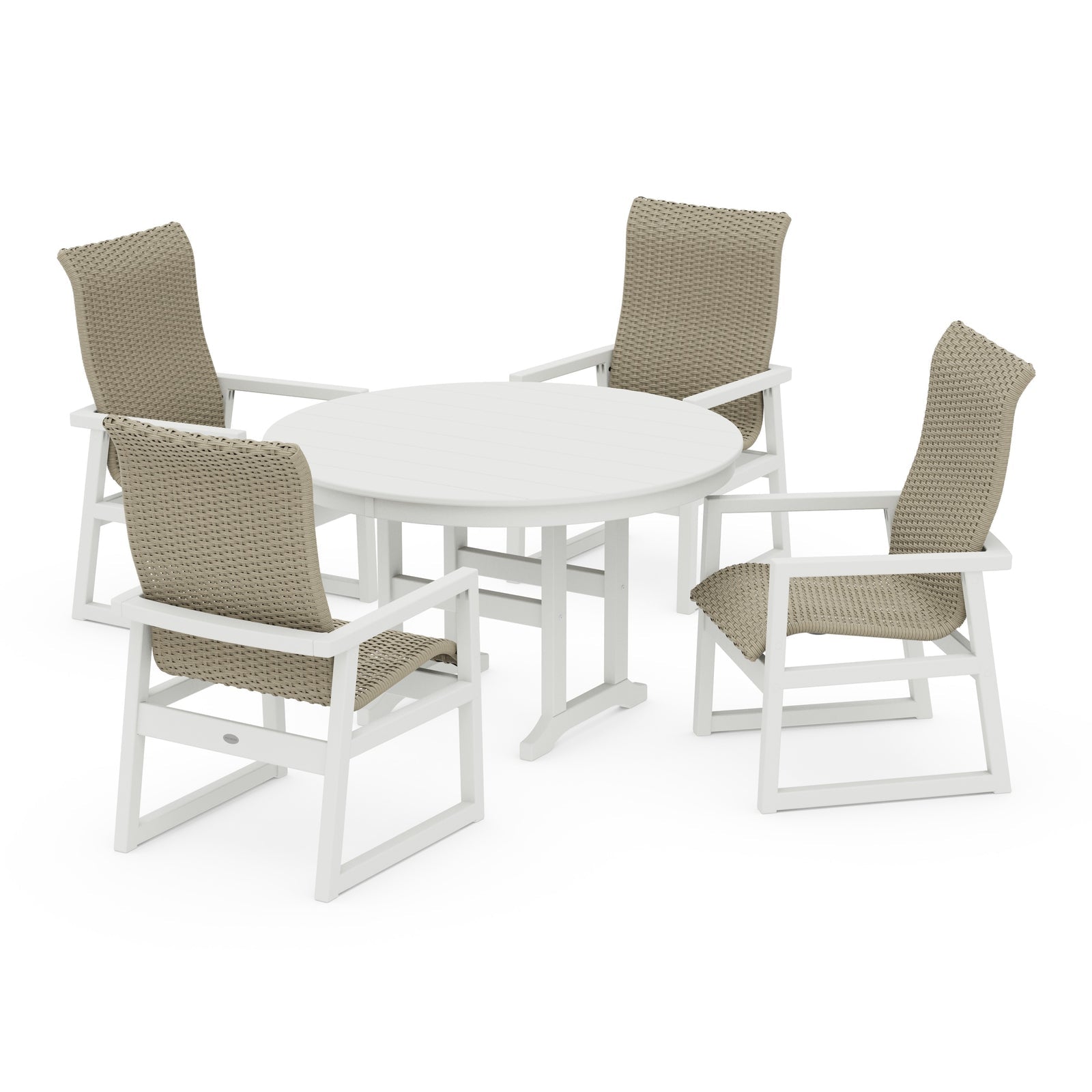 Polywood EDGE Woven Highback 5-Piece Round Farmhouse Dining Set - Two-Tone