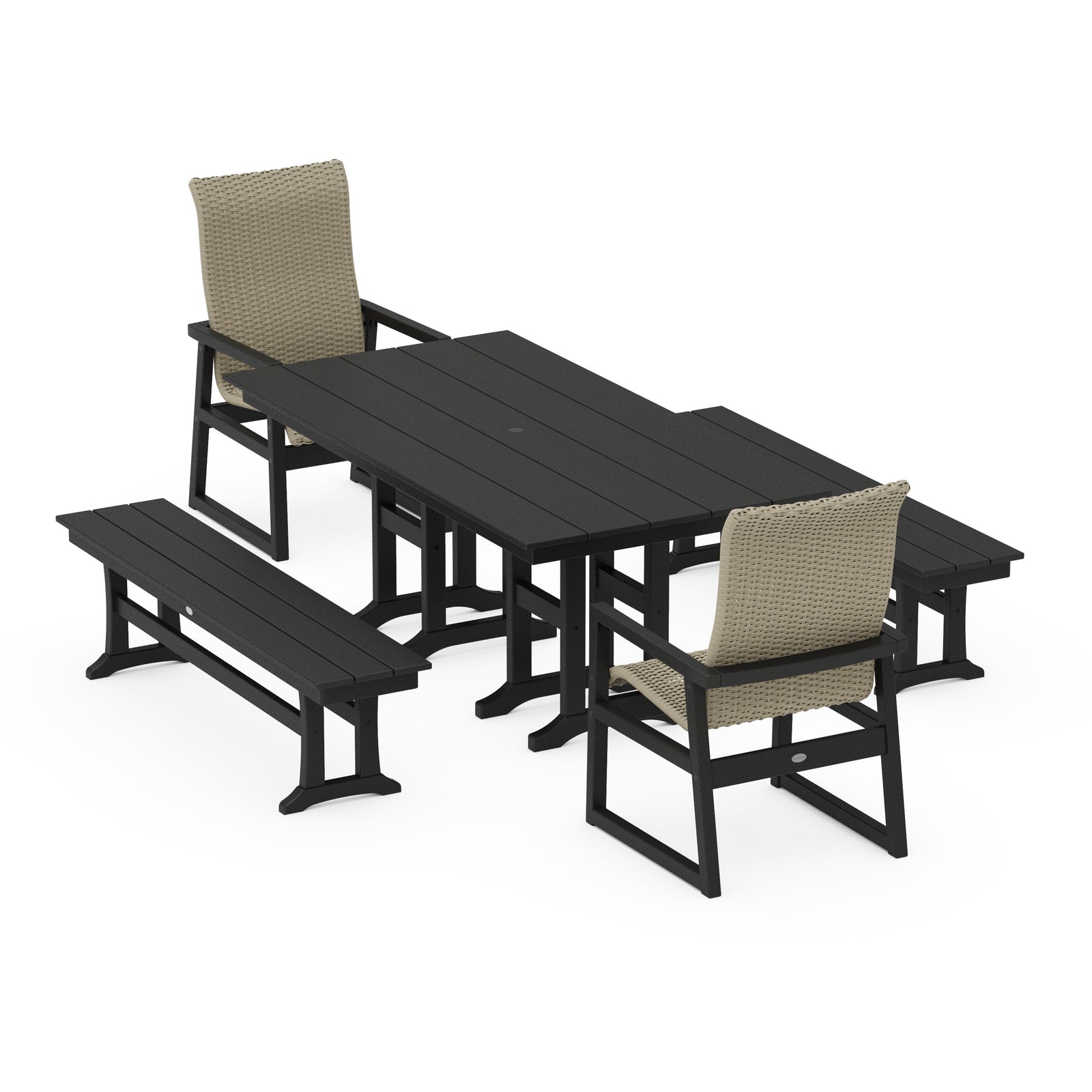Polywood EDGE Woven Highback 5-Piece Farmhouse Dining Set with Benches - Two-Tone