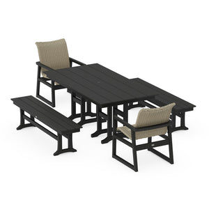Polywood EDGE Woven 5-Piece Farmhouse Dining Set with Benches - Two-Tone — view 3