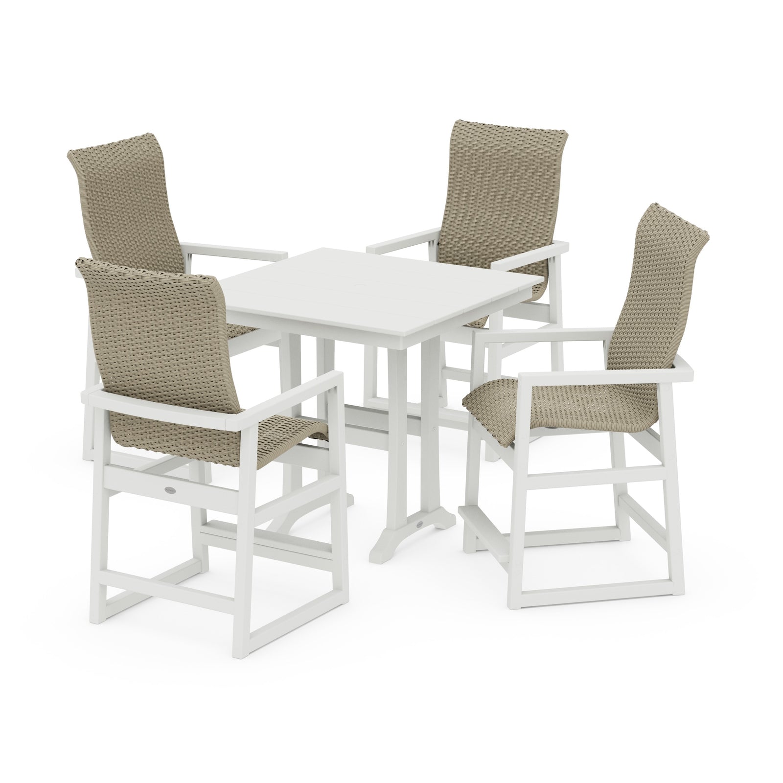 Polywood EDGE Woven Highback 5-Piece Farmhouse Counter Set with Trestle Legs - Two-Tone