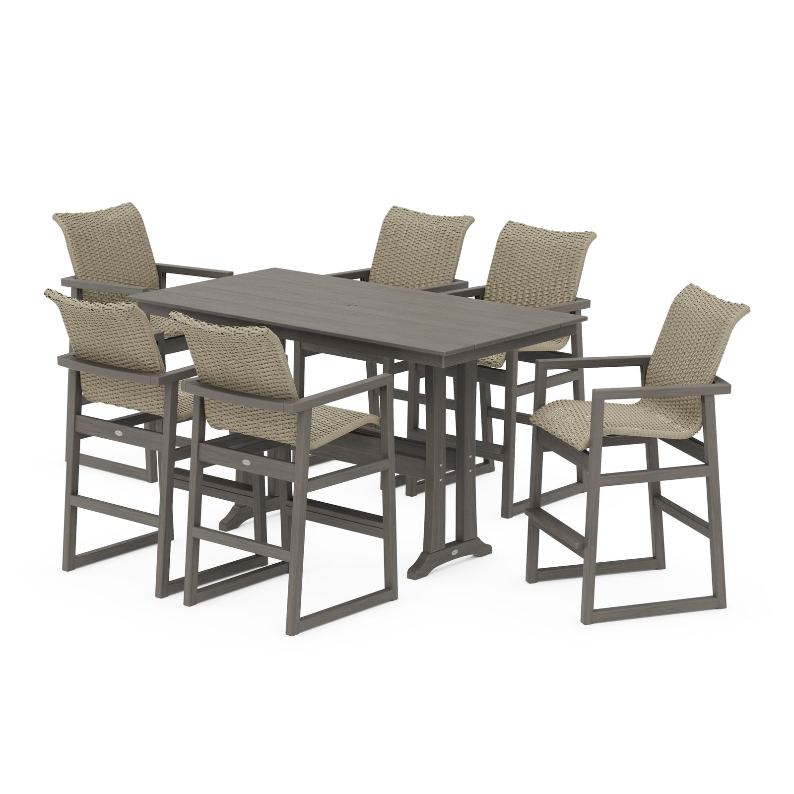 Polywood EDGE Woven Arm Chair 7-Piece Farmhouse Bar Set with Trestle Legs - Two-Tone