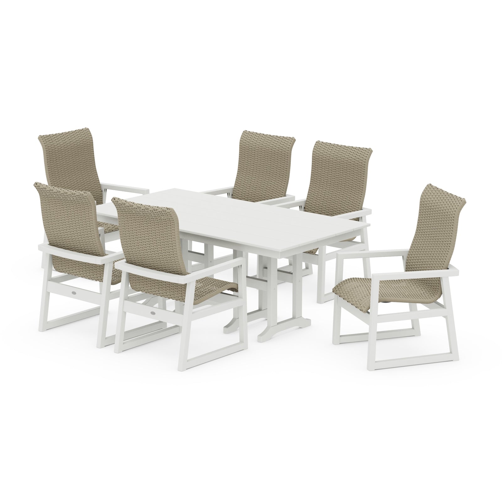 Polywood EDGE Woven Highback Arm Chair 7-Piece Farmhouse Dining Set - Two-Tone