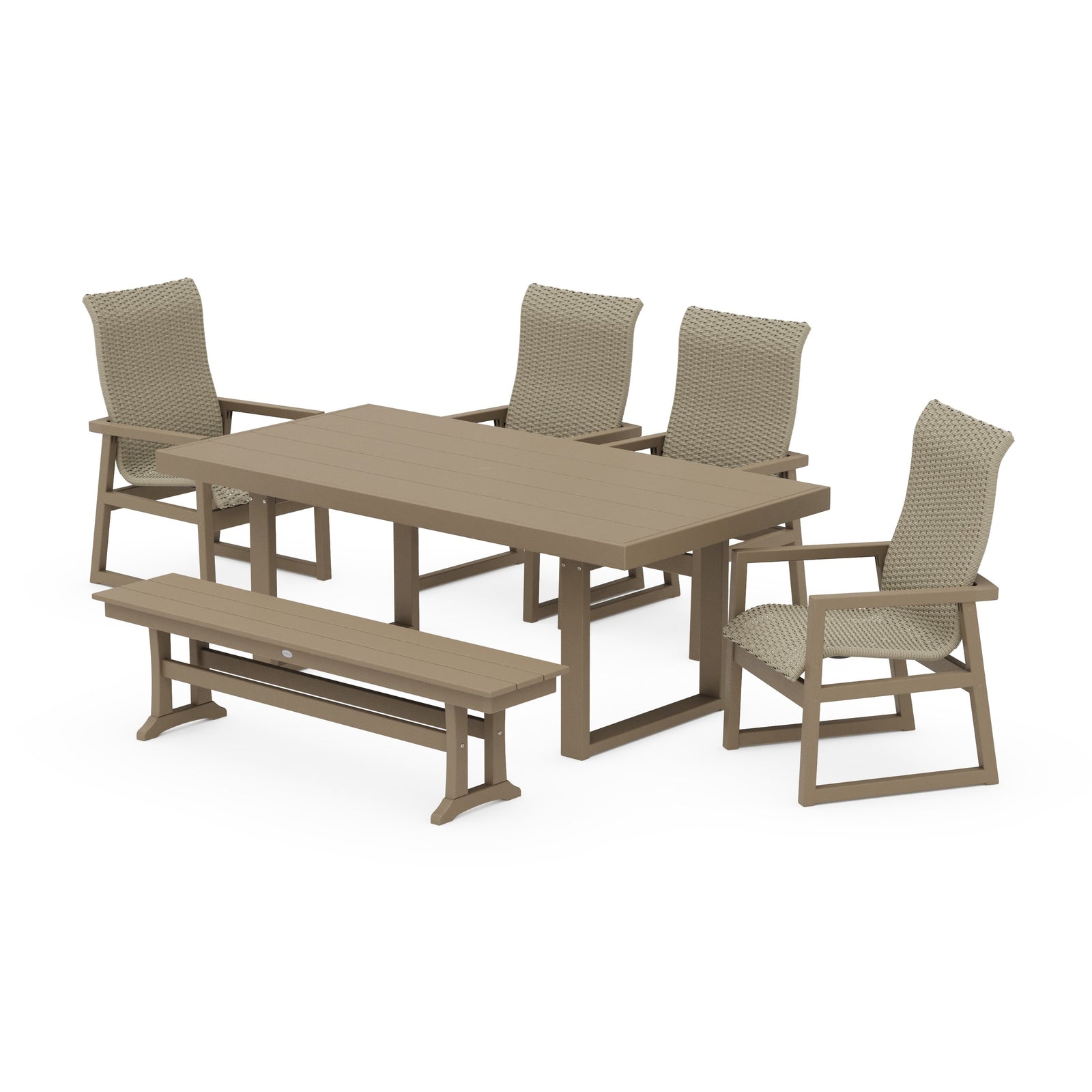 Polywood EDGE Woven Highback 6-Piece Dining Set with Bench - Two-Tone
