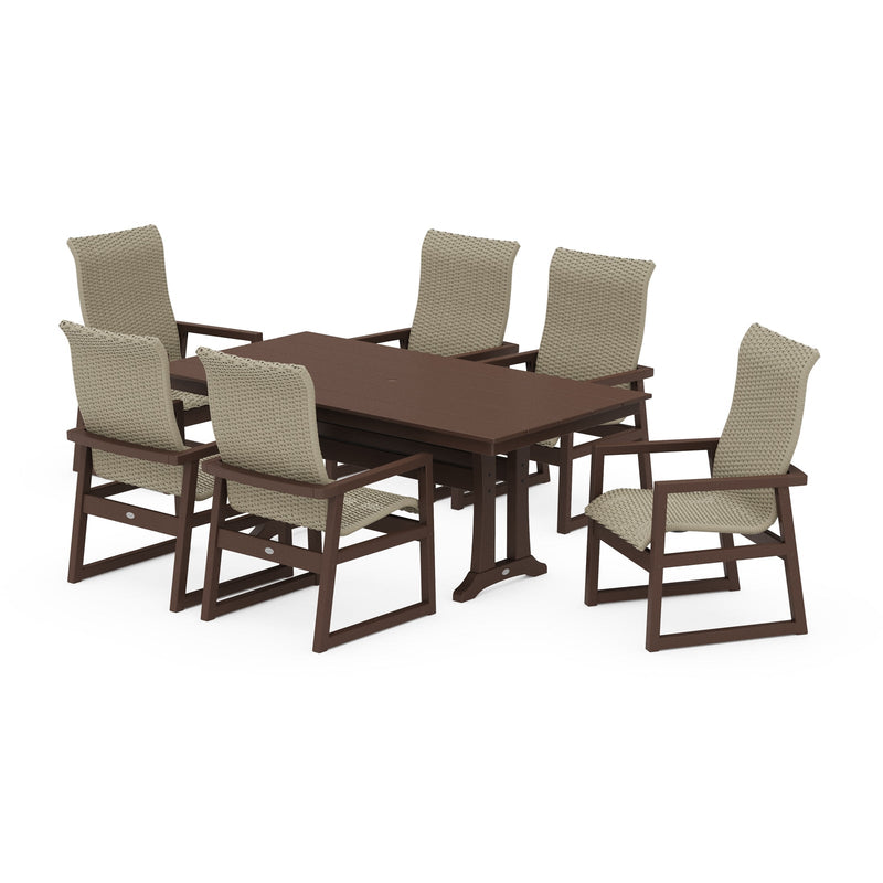 Polywood EDGE Woven Highback Arm Chair 7-Piece Farmhouse Dining Set with Trestle Legs - Two-Tone