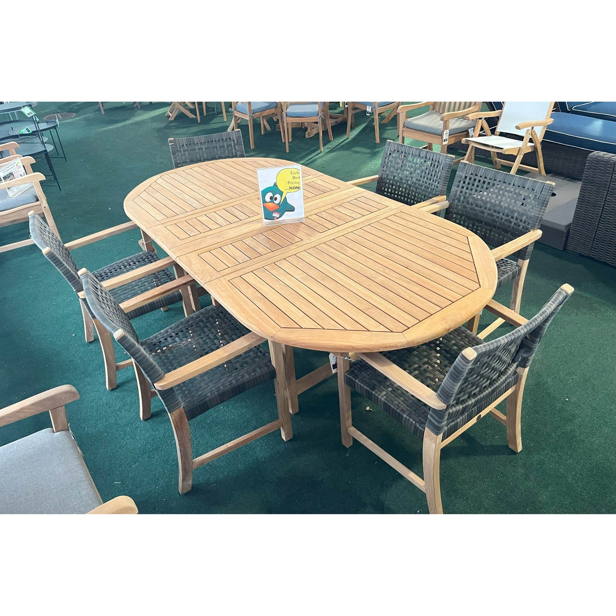 Harbour Teak Outdoor Dining Set (Teak Extendable Oval Table 71-95&quot; with 6 Sanur Woven Armchairs +FREE Cover)
