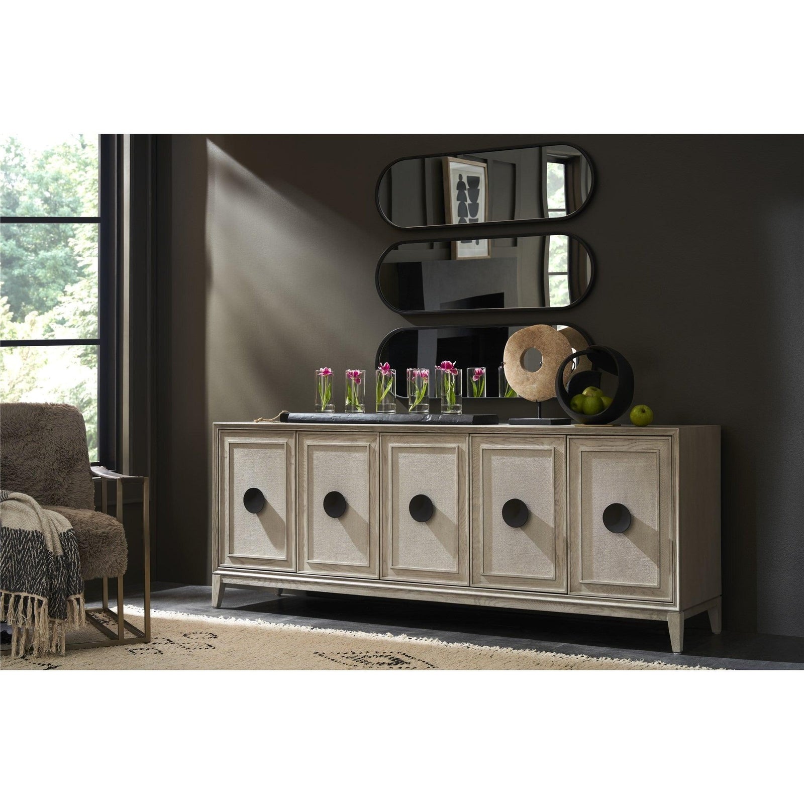 Fog & Oak Linen 5-Door Credenza 86"
