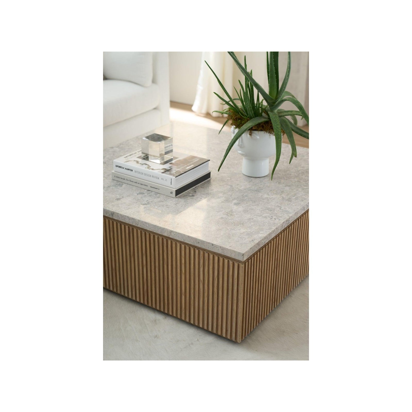 Carmen Natural Oak Coffee Table Reeded/Marble 42" Square