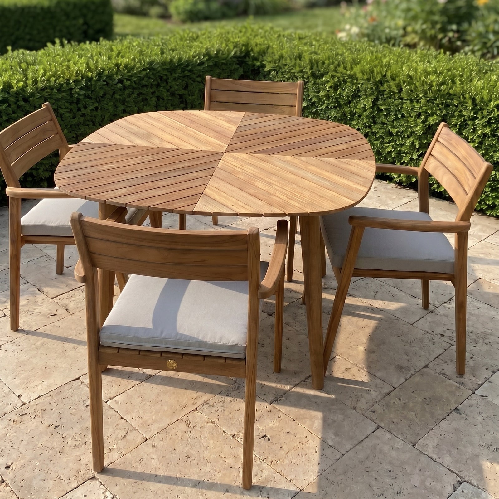 Jade solid teak 5-piece outdoor dining set — 45-inch teak table with 4 stacking arm chairs and light gray cushions