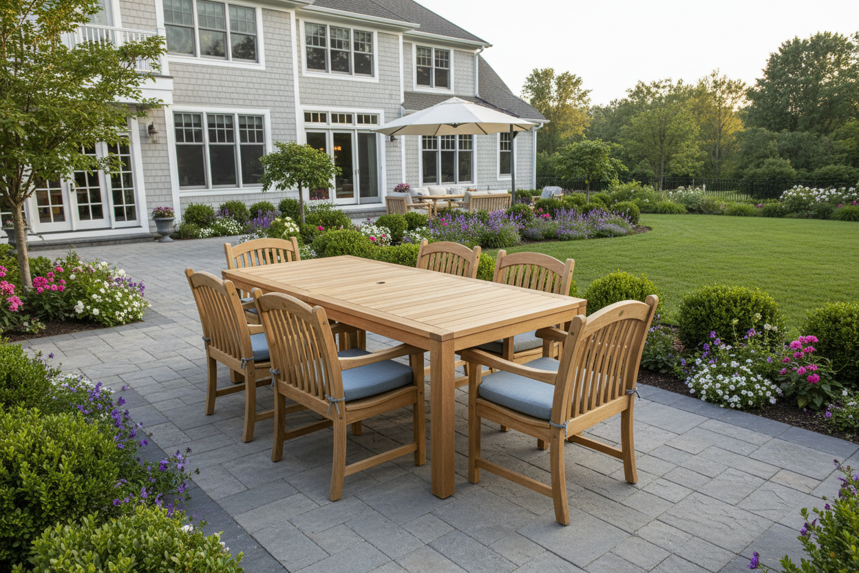 Katana Teak 7pc Outdoor Dining Set (Teak 86" Rectangular Table with 6 Teak Tista Armchairs +FREE Cushions +FREE Umbrella +FREE Cover)