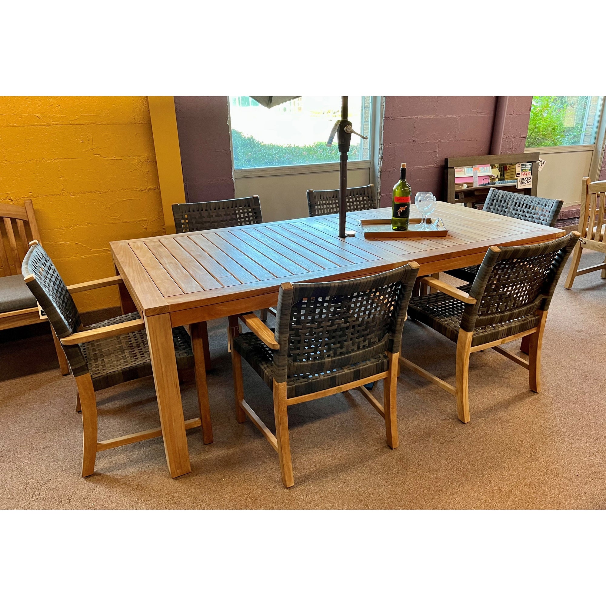 Katana Teak 7pc Outdoor Dining Set (Teak 86&quot; Rectangular Table with 6 Teak &amp; Woven Sanur Armchairs)