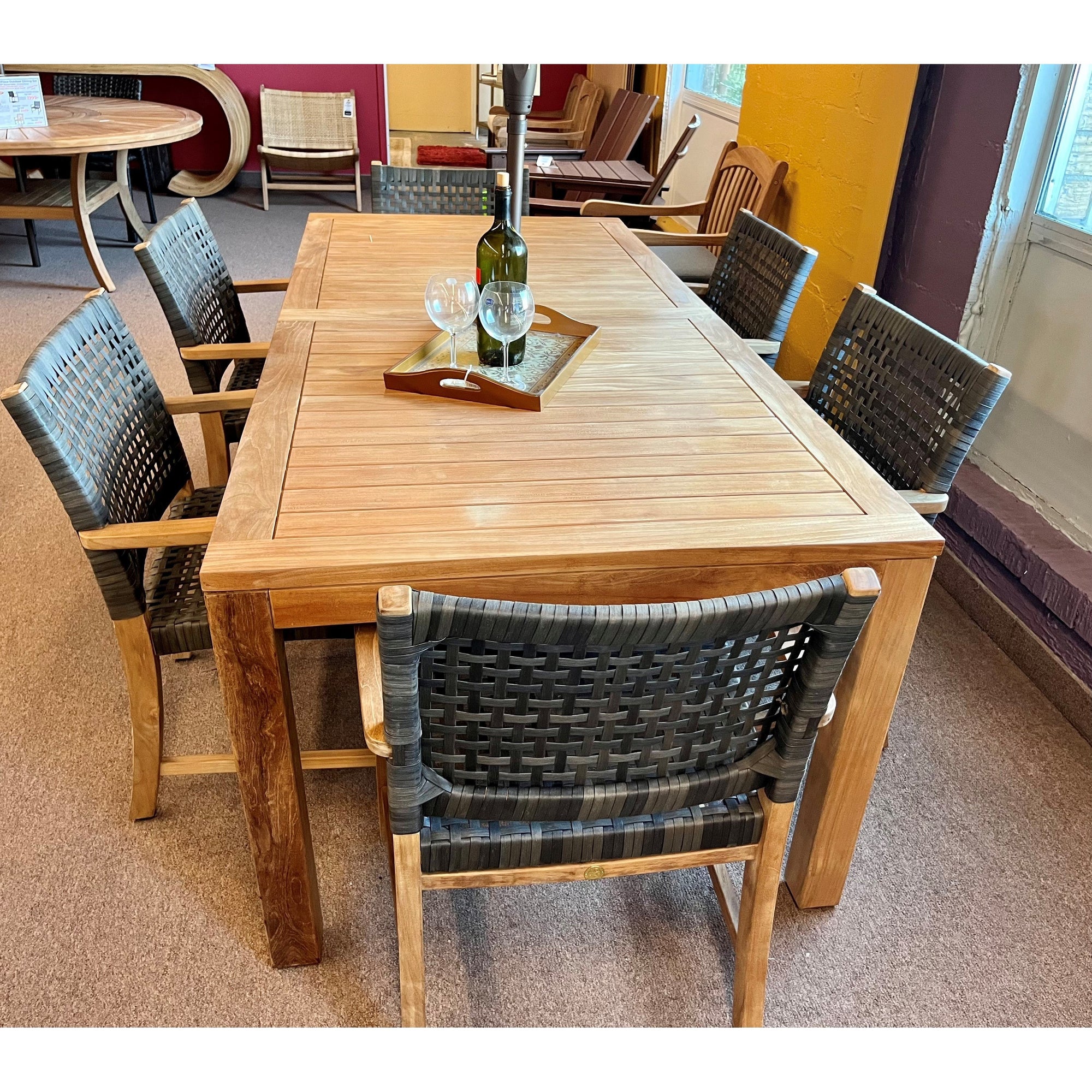 Katana Teak 7pc Outdoor Dining Set (Teak 86&quot; Rectangular Table with 6 Teak &amp; Woven Sanur Armchairs)