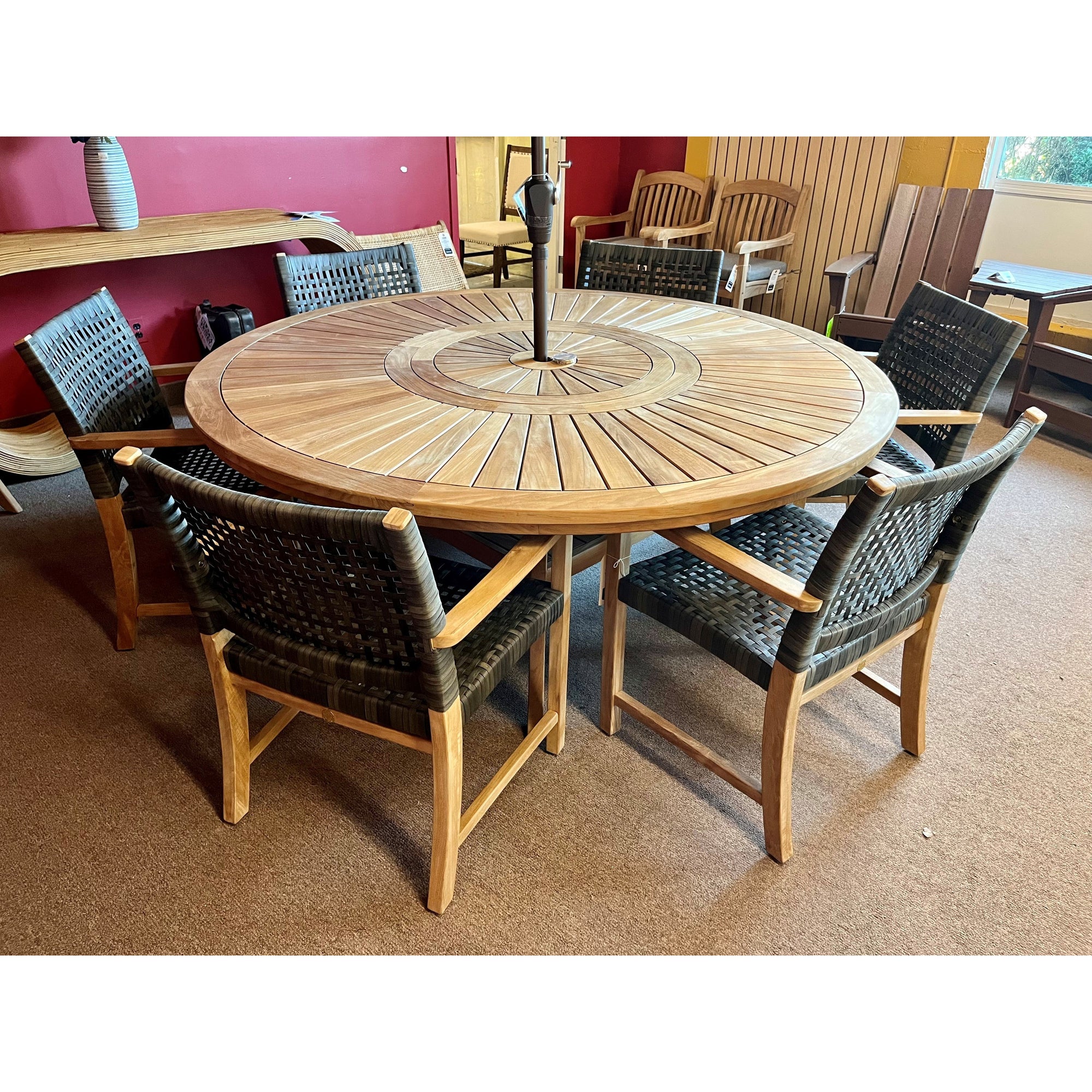 Komodo Teak 70" Round Table with Lazy Susan- 7-Piece Outdoor Dining Set (with 6 Sanur Woven Chairs)