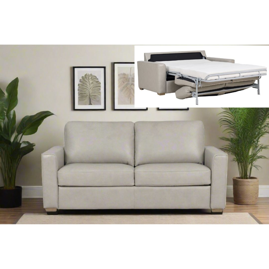 Livorno Leather 59" Full Pop-Up Sleeper Loveseat in Pearl Leather with Cool Memory Foam Mattress