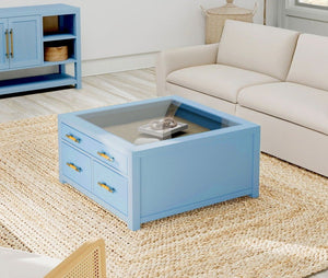 Blue collector coffee table glass display top close — view 4