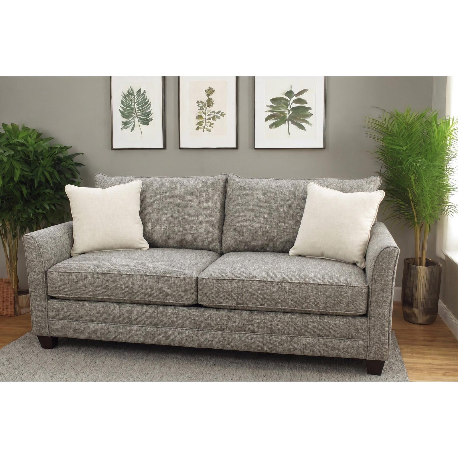 Pewter 80 inch queen sleeper sofa with memory foam mattress in a living room
