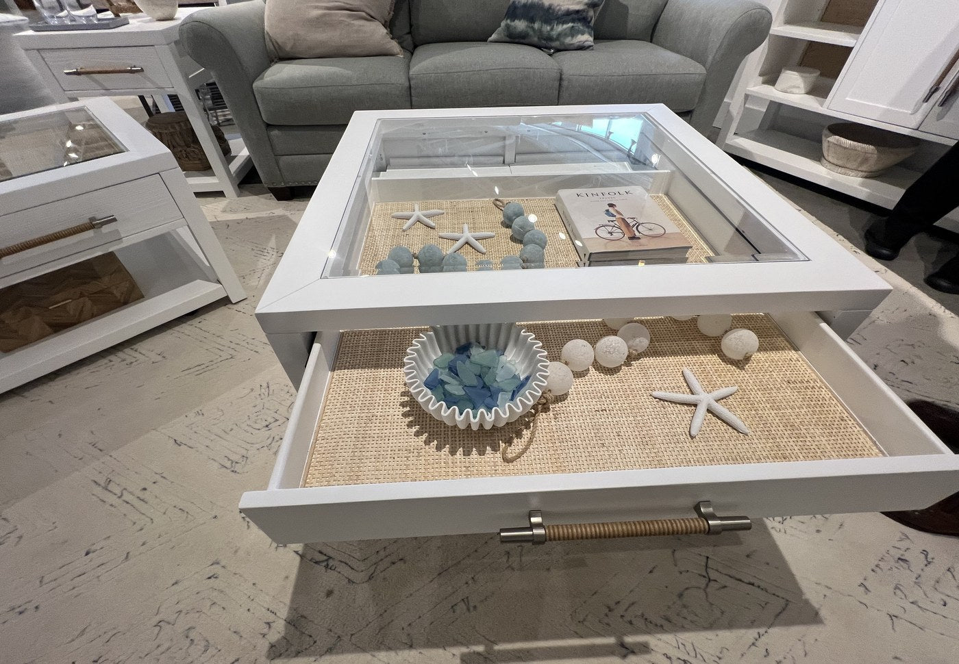 Collector table pull-out display drawer open with glass top